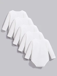 SHEIN Vintaside Kids 5 件套男婴休闲纯色长袖连体衣，适合所有季节 - 白色 - 查看 2