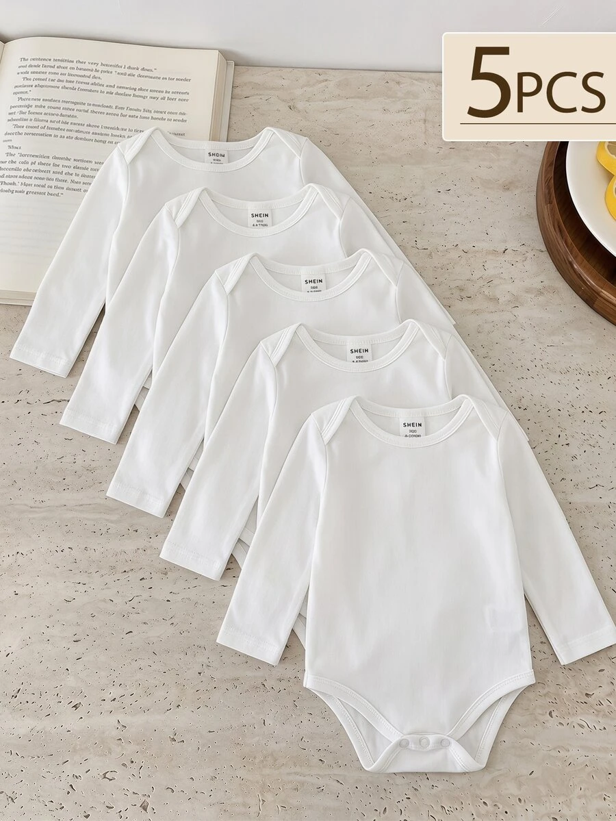 SHEIN Vintaside Kids 5 件套男婴休闲纯色长袖连体衣,适合所有季节 - 白色 - 查看 1