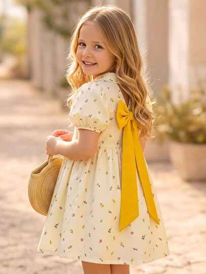 Souflis Souflis Young Girl' Yellow Ditsy Floral Dress With Bow Decor, Casual Vacation Outfit, Suitable For Daily Casual And Commute, And Sweet