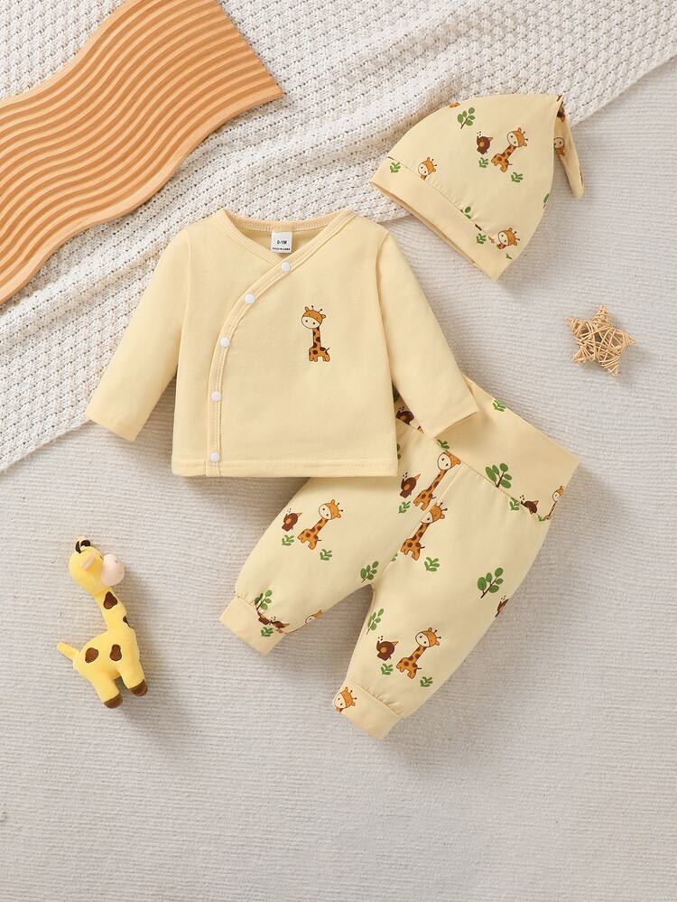 SHEIN Vintaside Kids 新生儿卡通长颈鹿印花单排扣长袖上衣和裤子套装，含帽子 - 黃色 - 查看 4