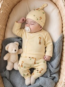 SHEIN Vintaside Kids Newborn Baby Cartoon Giraffe Print Single-Breasted Long Sleeve Top And Pants Set With Hat - Yellow - View 5