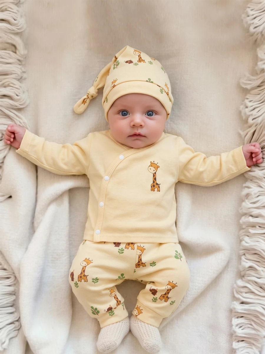 SHEIN Vintaside Kids Newborn Baby Cartoon Giraffe Print Single-Breasted Long Sleeve Top And Pants Set With Hat - Yellow - View 1