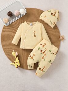 SHEIN Vintaside Kids Newborn Baby Cartoon Giraffe Print Single-Breasted Long Sleeve Top And Pants Set With Hat - Yellow - View 3