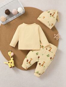 SHEIN Vintaside Kids Newborn Baby Cartoon Giraffe Print Single-Breasted Long Sleeve Top And Pants Set With Hat - Yellow - View 2