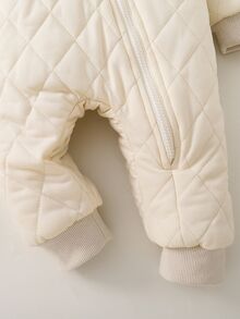 SHEIN Vintaside Kids 男婴保暖钻石图案连帽拉链羊毛连体衣，秋冬舒适服装 - 杏色 - 查看 3