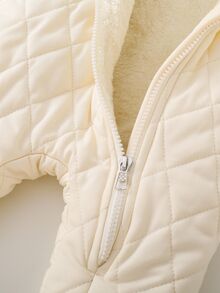 SHEIN Vintaside Kids 男婴保暖钻石图案连帽拉链羊毛连体衣，秋冬舒适服装 - 杏色 - 查看 6