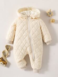 SHEIN Vintaside Kids 男婴保暖钻石图案连帽拉链羊毛连体衣，秋冬舒适服装 - 杏色 - 查看 7