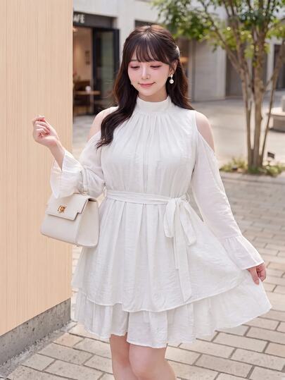 Bijouette Plus Size Solid Color Woven Cut-Out Shoulders Dress, Japanese Sweet Style ,Go Out Dress,Birthday Party Dress,Everyday Wear,White Dress Fall