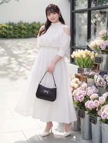 Bijouette 大尺碼女款休閒度假純色梭織露肩七分袖長洋裝，浪漫休閒復古風，適合夏季雞尾酒會與日系甜美秋季穿搭 - 白色 - 查看 5