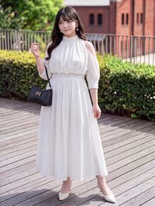 Bijouette 大尺碼女款休閒度假純色梭織露肩七分袖長洋裝，浪漫休閒復古風，適合夏季雞尾酒會與日系甜美秋季穿搭 - 白色 - 查看 7