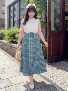 Bijouette 大尺碼返校風藍白條紋彈性上衣拼接格紋無袖洋裝，柔軟面料，日系 70 年代甜美風，適合夏季晚餐與早晨穿著 - 彩色 - 查看 4