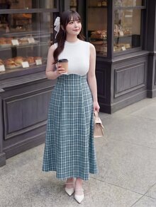 Bijouette 大尺碼返校風藍白條紋彈性上衣拼接格紋無袖洋裝，柔軟面料，日系 70 年代甜美風，適合夏季晚餐與早晨穿著 - 彩色 - 查看 6
