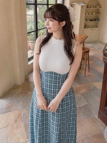 Bijouette 大尺碼返校風藍白條紋彈性上衣拼接格紋無袖洋裝，柔軟面料，日系 70 年代甜美風，適合夏季晚餐與早晨穿著 - 彩色 - 查看 3