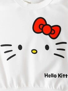 HELLO KITTY AND FRIENDS | SHEIN 1套女嬰甜美可愛卡通蝴蝶結印花圓領長袖運動衫與修身長褲，春秋冬外出與上學穿搭 - 彩色 - 查看 5