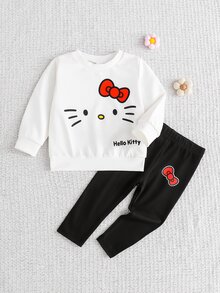 HELLO KITTY AND FRIENDS | SHEIN 1套女嬰甜美可愛卡通蝴蝶結印花圓領長袖運動衫與修身長褲，春秋冬外出與上學穿搭 - 彩色 - 查看 3