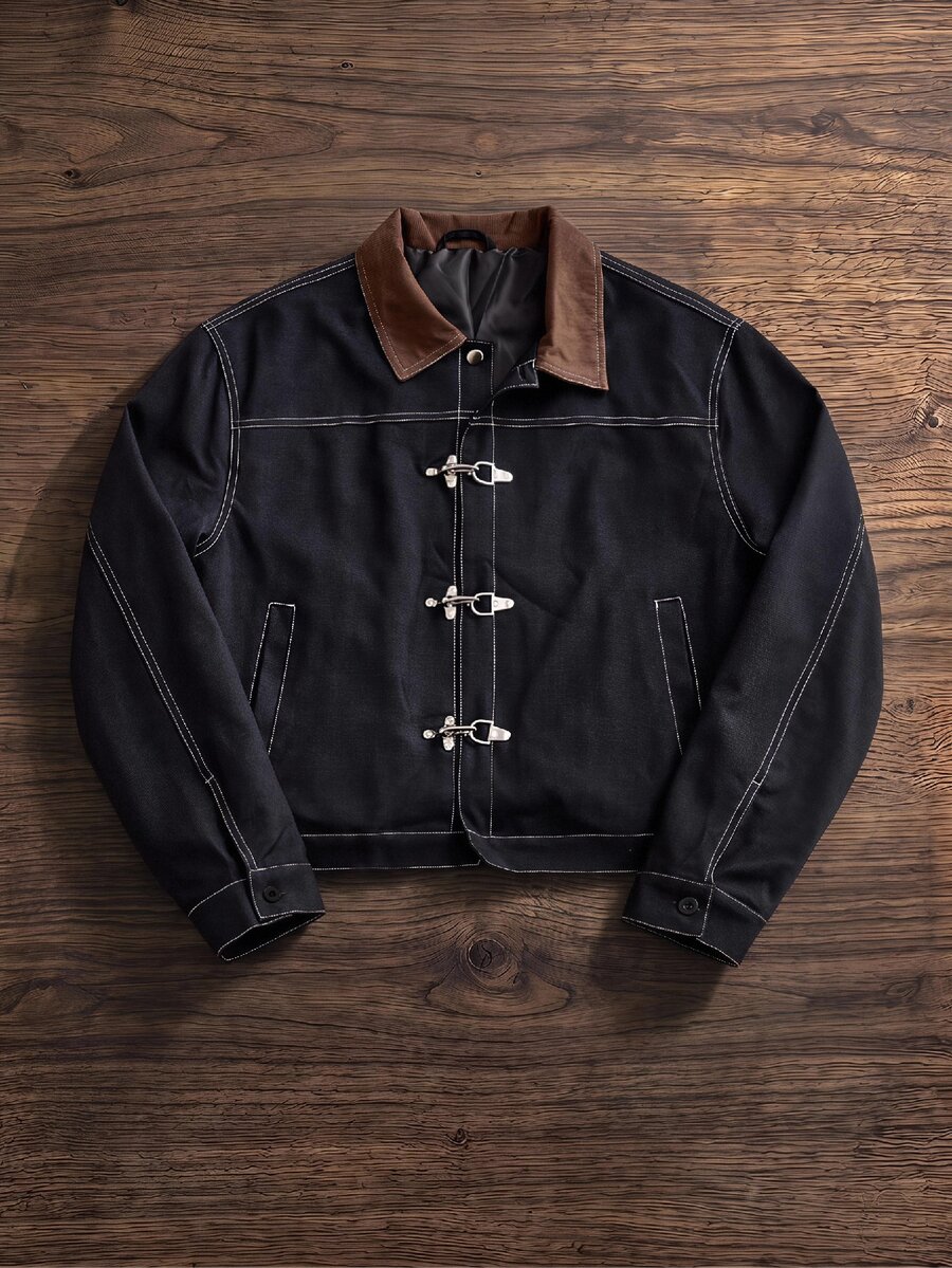 SWAVVY Men's Contrast Color Lapel Snap Button Casual Jacket - Black - View 1