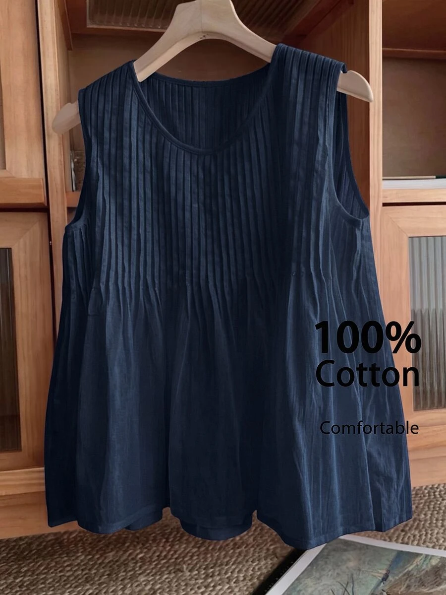SHEIN LUNE Plus Size Women's Solid Color Round Neck Pleated Design Casual Tank Top - Navy Blue - View 1