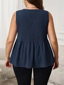 SHEIN LUNE Plus Size Women's Solid Color Round Neck Pleated Design Casual Tank Top - Navy Blue - View 2