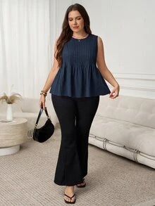 SHEIN LUNE Plus Size Women's Solid Color Round Neck Pleated Design Casual Tank Top - Navy Blue - View 6