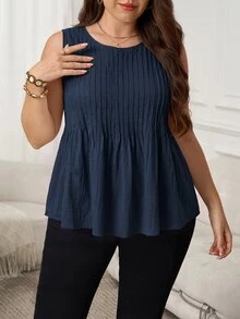 SHEIN LUNE Plus Size Women's Solid Color Round Neck Pleated Design Casual Tank Top - Navy Blue - View 4