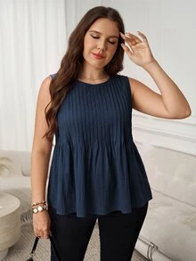 SHEIN LUNE Plus Size Women's Solid Color Round Neck Pleated Design Casual Tank Top - Navy Blue - View 7