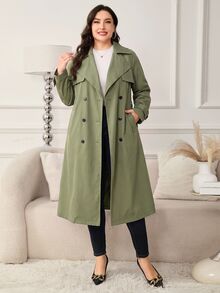 Reflora 大尺碼女款長版雙排扣翻領風衣 - 軍綠色 - 查看 6