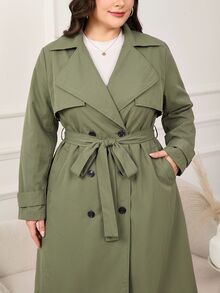 Reflora 大尺碼女款長版雙排扣翻領風衣 - 軍綠色 - 查看 5