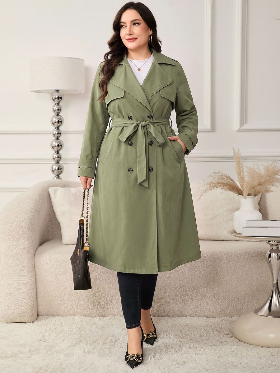 Reflora Plus Size Women's Long Double-Breasted Lapel Neck Trench Coat Fall - Army Green - View 1