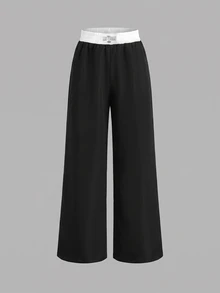 SHEIN 青少年女孩秋季服飾 簡約丹寧風 對比色休閒長褲 日常穿著與假期穿搭 - 黑色 - 查看 6