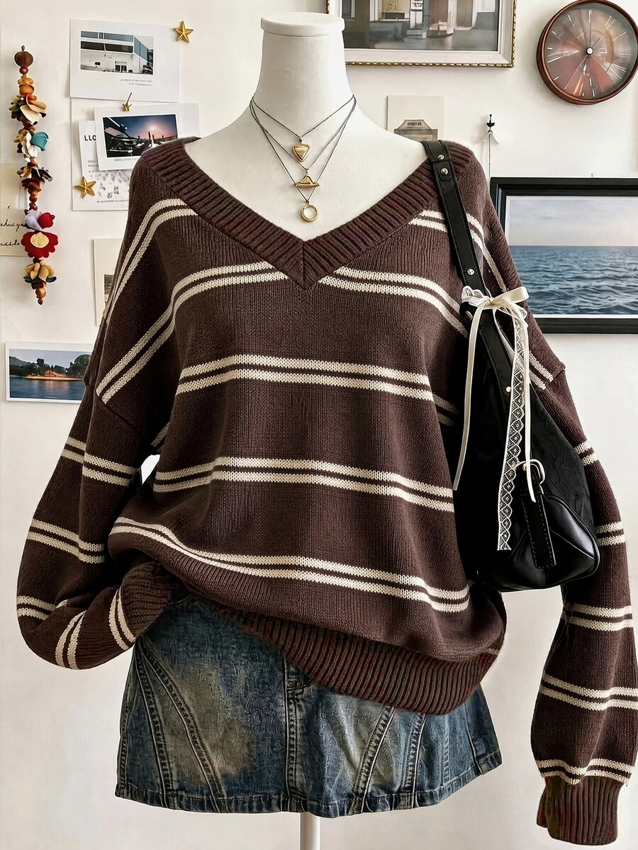 Collagica Collagica 女款條紋V領落肩長袖寬鬆休閒毛衣 - 彩色 - 查看 1