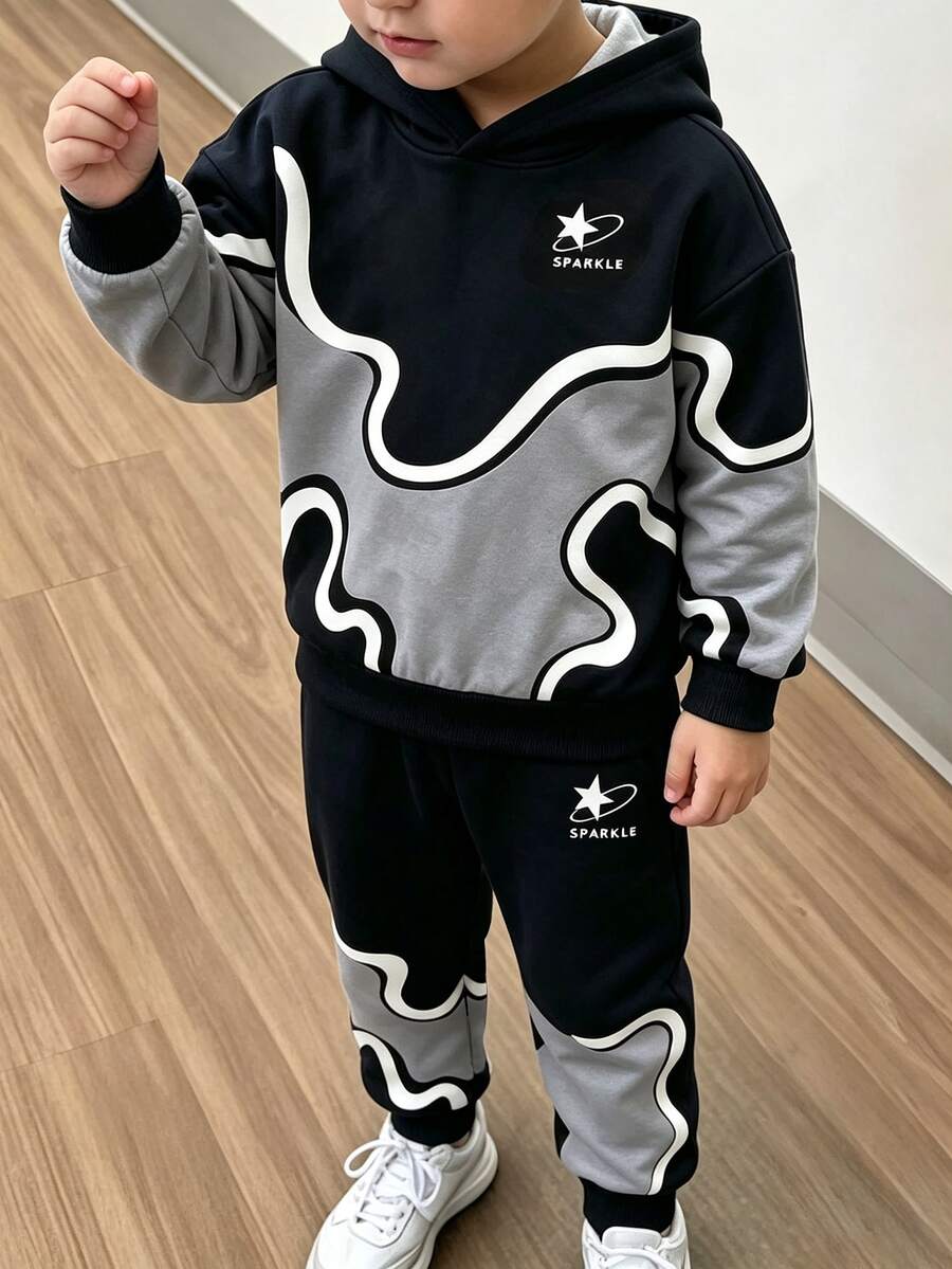 2件組小男孩時尚百搭舒適連帽衛衣秋季套裝,街頭風配色拼接圖案設計,時尚針織連帽衛衣搭配長褲運動褲兩件套,適合假期派對,春夏秋季,輕鬆舒適,男孩春秋首選時尚休閒穿搭,春夏秋街頭風 - 灰色 - 查看 1