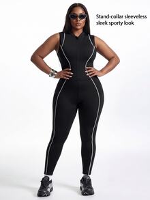 Innovista Innovista Women's Plus Size Half Zip Jumpsuit Panel Breathable Long Sleeve High Stretch Compression Gym Yoga Running Training Activewear Slim Fit Workout Romper - Black - View 2