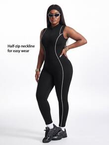 Innovista Innovista Women's Plus Size Half Zip Jumpsuit Panel Breathable Long Sleeve High Stretch Compression Gym Yoga Running Training Activewear Slim Fit Workout Romper - Black - View 9
