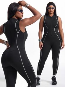 Innovista Innovista Women's Plus Size Half Zip Jumpsuit Panel Breathable Long Sleeve High Stretch Compression Gym Yoga Running Training Activewear Slim Fit Workout Romper - Black - View 8