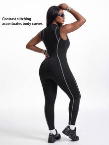 Innovista Innovista Women's Plus Size Half Zip Jumpsuit Panel Breathable Long Sleeve High Stretch Compression Gym Yoga Running Training Activewear Slim Fit Workout Romper - Black - View 3