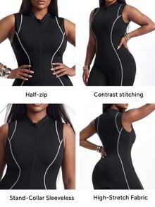 Innovista Innovista Women's Plus Size Half Zip Jumpsuit Panel Breathable Long Sleeve High Stretch Compression Gym Yoga Running Training Activewear Slim Fit Workout Romper - Black - View 6