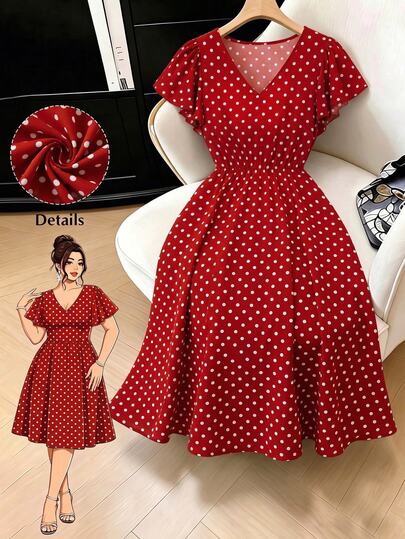 GlowEve CURVE Gaun Teh Lengan Pendek Berenda Merah Putih Polkadot Elegan Gaya Vintage 1960-an/90-an Ukuran Plus, Cocok untuk Kencan Malam Musim Panas