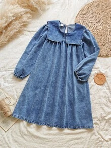 女童春秋时尚西式大领水洗牛仔连衣裙，适合购物、聚会、居家休闲、户外活动或度假，提供舒适时尚的外观，适合夏季穿着 - 藍色 - 查看 4