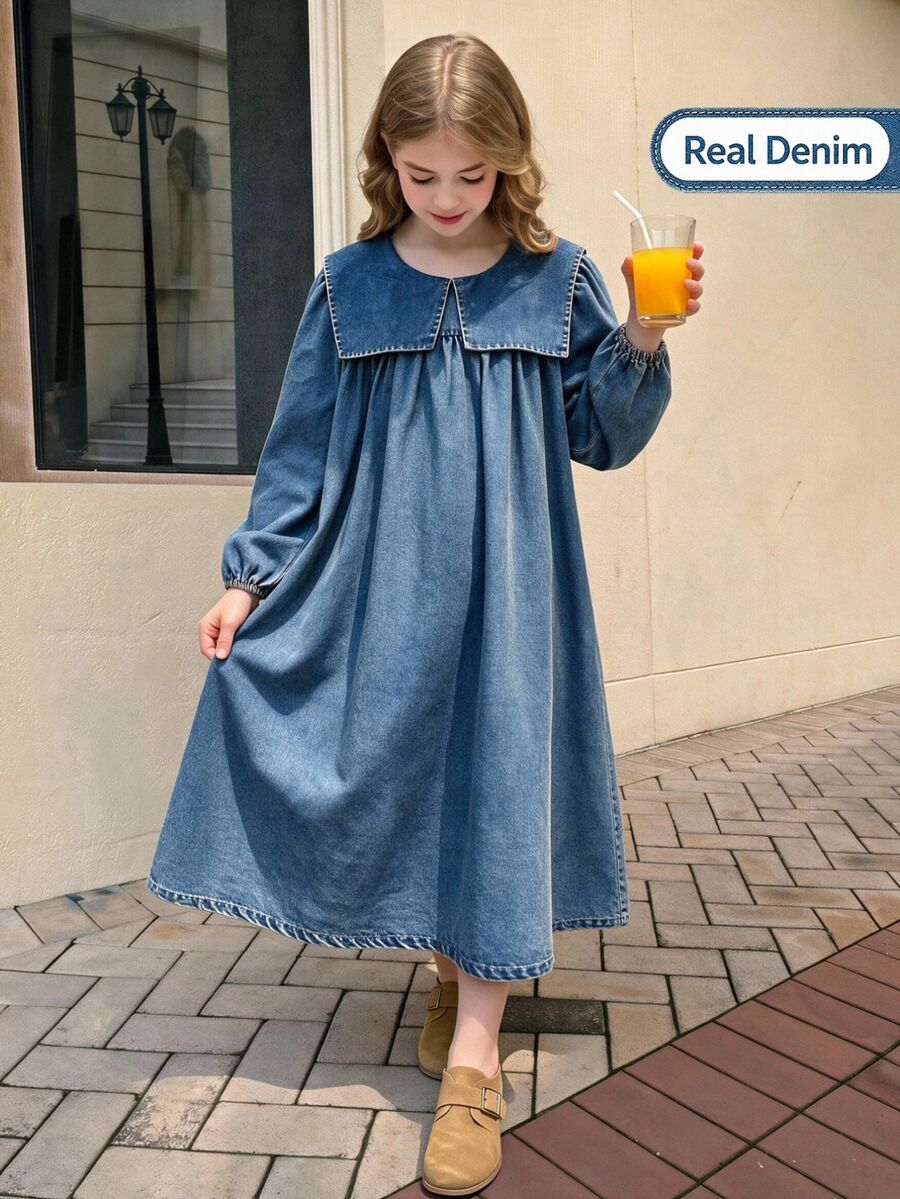 Girls' Big Collar Washed Denim Dress,Aqua Blue,Autumn,Preppy,School,Back-To-School Fashion Western Style Comfortable Clothes For Party And Vacation - Blue - View 1