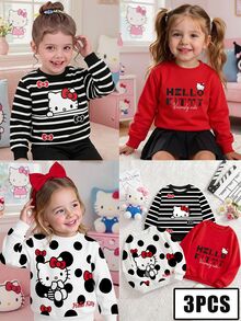 HELLO KITTY AND FRIENDS | SHEIN 3件組 女嬰主題印花長袖圓領抓絨運動衫，休閒日常穿著，適合秋冬 - 彩色 - 查看 9
