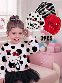 HELLO KITTY AND FRIENDS | SHEIN 3件組 女嬰主題印花長袖圓領抓絨運動衫，休閒日常穿著，適合秋冬 - 彩色 - 查看 1