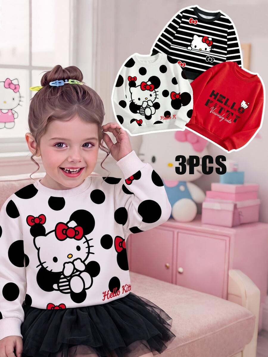 HELLO KITTY AND FRIENDS | SHEIN 3件組 女嬰主題印花長袖圓領抓絨運動衫,休閒日常穿著,適合秋冬 - 彩色 - 查看 1