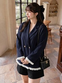 Bijouette 大尺碼女款藍白拼接休閒百搭日常長袖夾克，修身顯瘦優雅外套，秋季女式上班穿搭 - 藏蓝色 - 查看 2