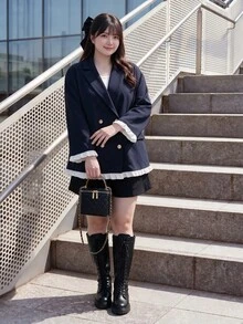Bijouette 大尺碼女款藍白拼接休閒百搭日常長袖夾克，修身顯瘦優雅外套，秋季女式上班穿搭 - 藏蓝色 - 查看 4