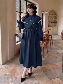 Bijouette 大尺碼復古優雅鈕扣海軍藍喇叭袖洋裝 教師節 晚宴 聚餐 正式下午茶 約會之夜 晚餐 秋季 - 藏蓝色 - 查看 4