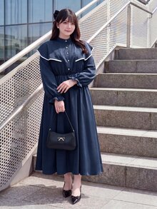 Bijouette 大尺碼復古優雅鈕扣海軍藍喇叭袖洋裝 教師節 晚宴 聚餐 正式下午茶 約會之夜 晚餐 秋季 - 藏蓝色 - 查看 3