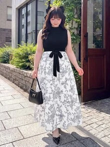 Bijouette Plus Size Summer Elegant Colorblock Floral Print Dress Evening Dinner Black White - Black and White - View 6