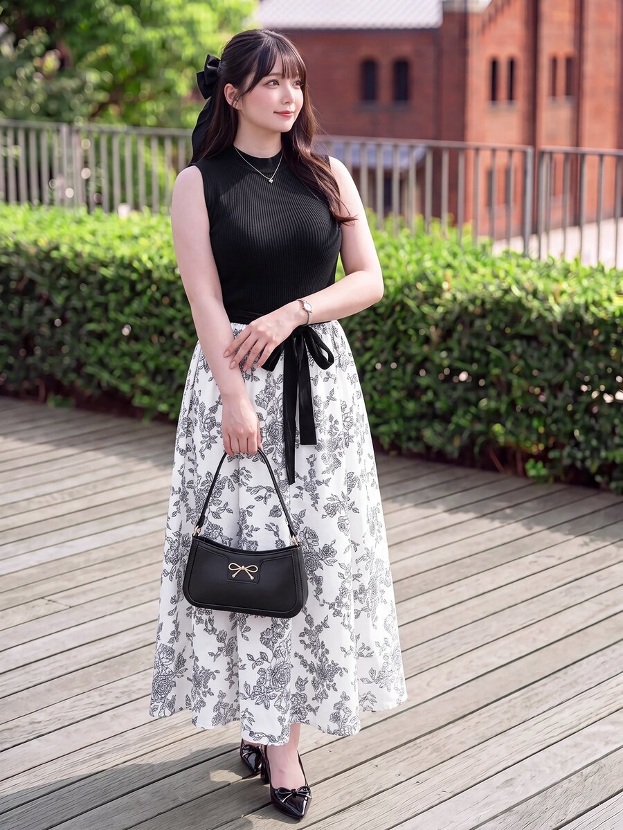 Bijouette Plus Size Summer Elegant Colorblock Floral Print Dress Evening Dinner Black White - Black and White - View 1