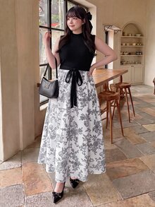 Bijouette Plus Size Summer Elegant Colorblock Floral Print Dress Evening Dinner Black White - Black and White - View 5