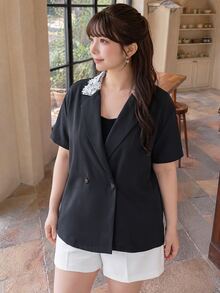 Bijouette Jaket Lengan Pendek Kancing Ganda dengan Kerah Renda Kontras untuk Wanita Ukuran Plus, Potongan Ramping, Elegan, Cocok untuk Pakaian Kerja, Kantor, Pesta Formal, Musim Gugur, Warna Putih - Grey - View 10